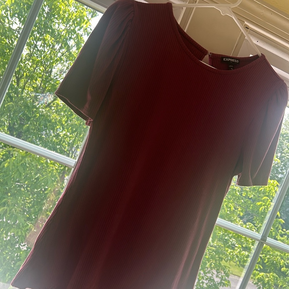 Express size medium ribbed dressy T-shirt, mauve colored, detailed sleeve